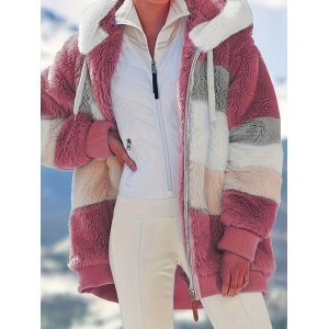 Women's Color-Block Fuzzy Hooded Winter Coat