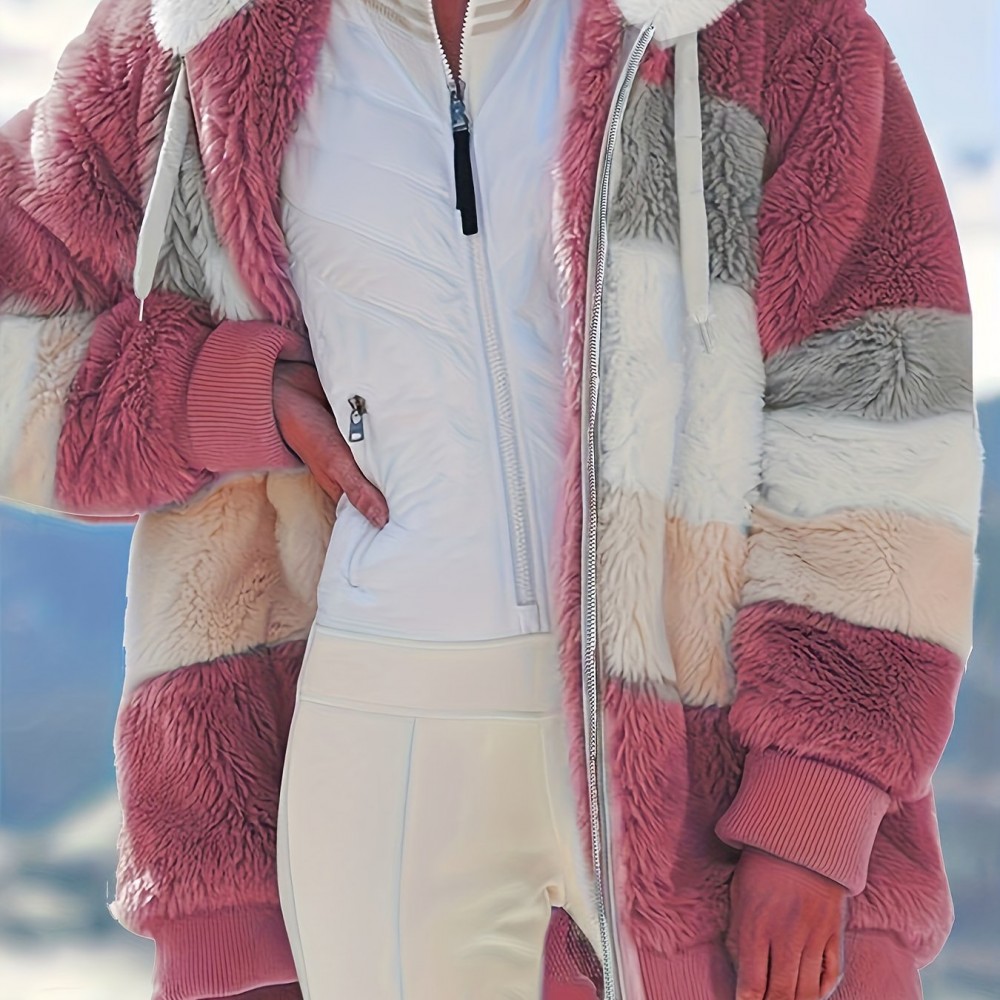 Women's Color-Block Fuzzy Hooded Winter Coat