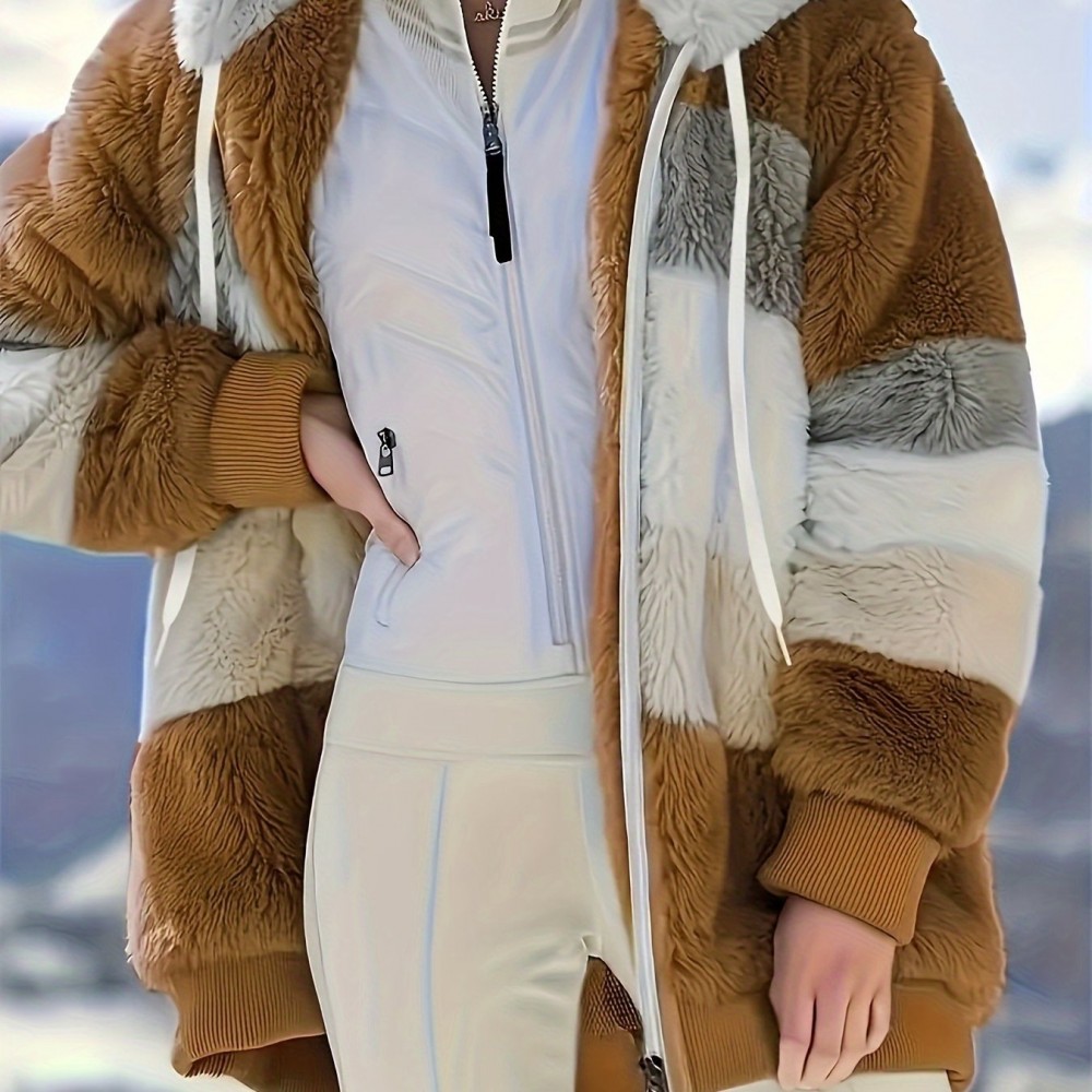 Women's Color-Block Fuzzy Hooded Winter Coat