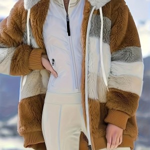 Women's Color-Block Fuzzy Hooded Winter Coat