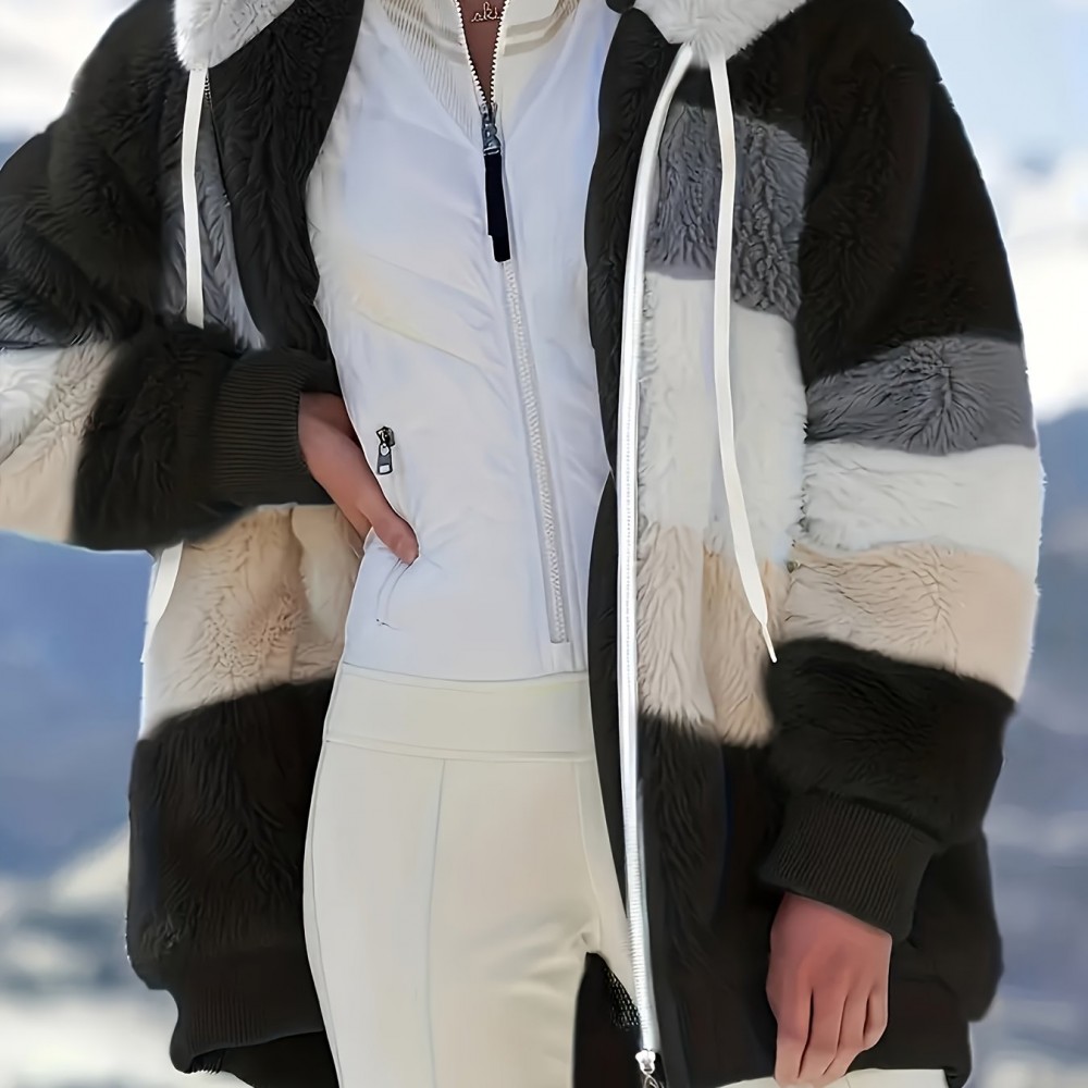 Women's Color-Block Fuzzy Hooded Winter Coat
