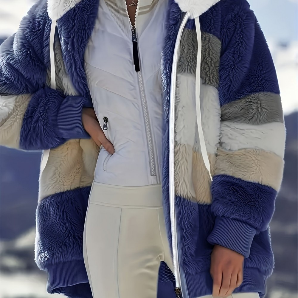 Women's Color-Block Fuzzy Hooded Winter Coat