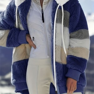 Women's Color-Block Fuzzy Hooded Winter Coat
