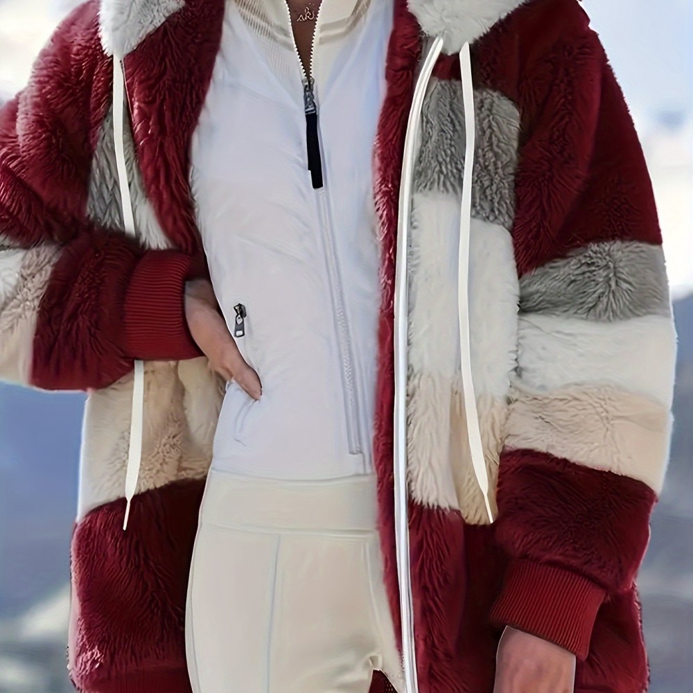 Women's Color-Block Fuzzy Hooded Winter Coat