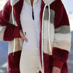 Women's Color-Block Fuzzy Hooded Winter Coat