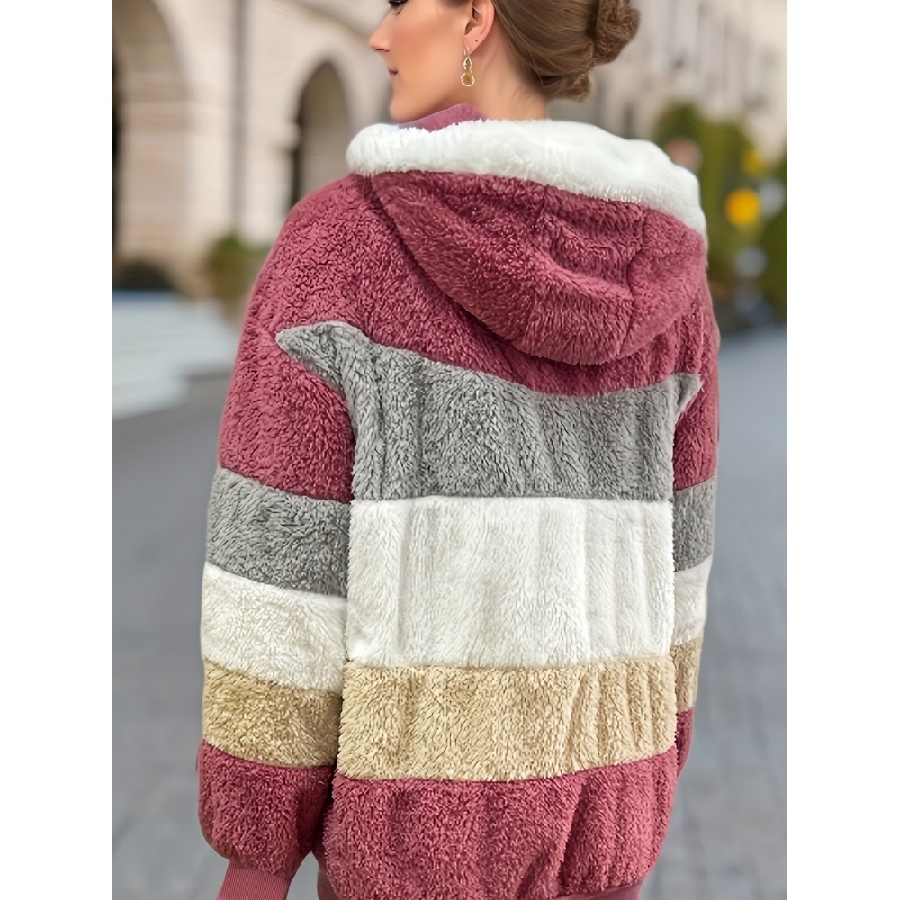 Women's Color-Block Fuzzy Hooded Winter Coat