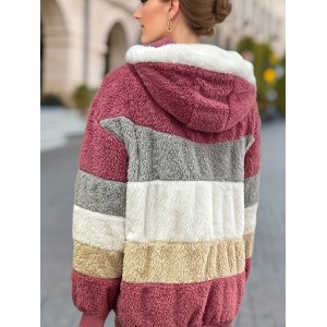 Women's Color-Block Fuzzy Hooded Winter Coat