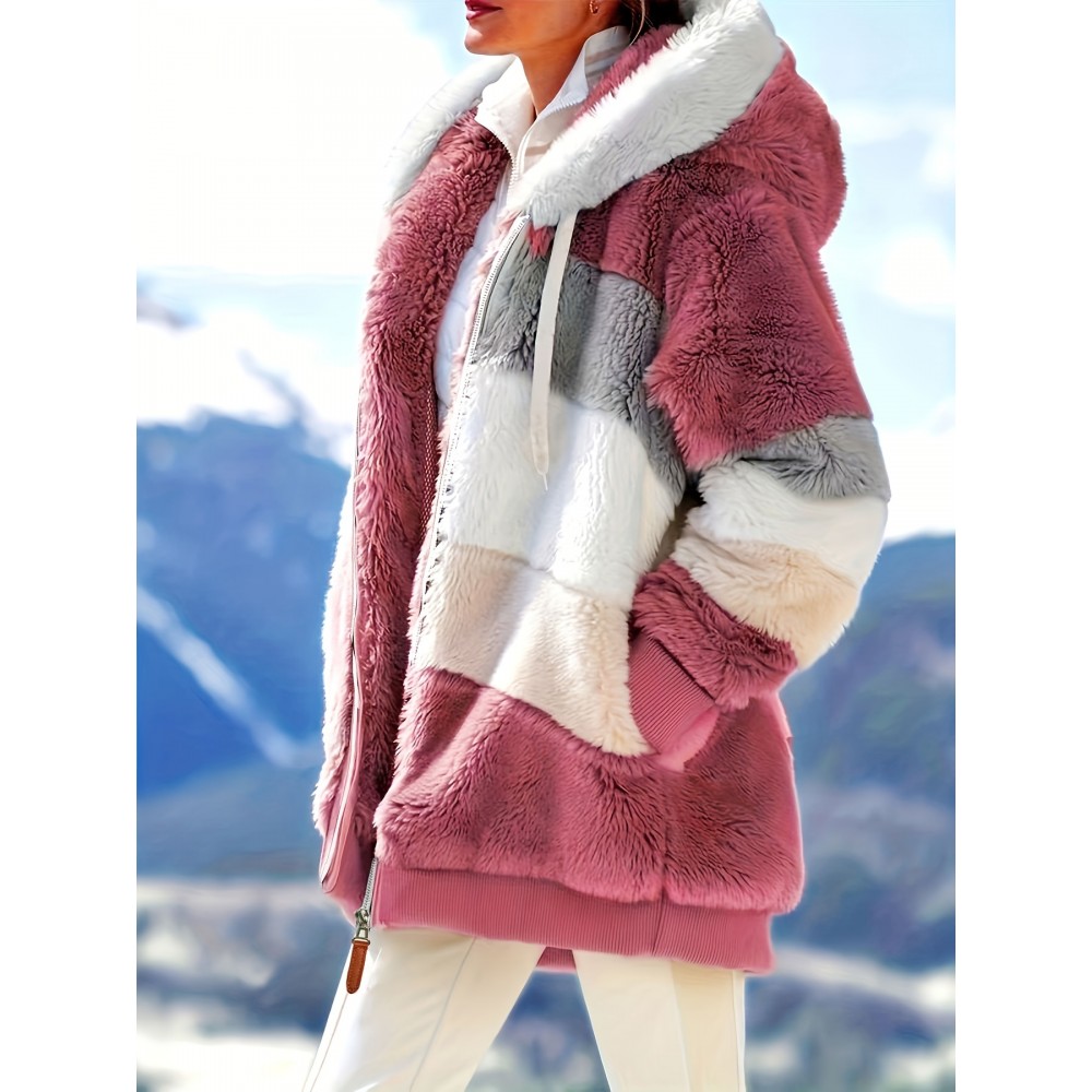 Women's Color-Block Fuzzy Hooded Winter Coat