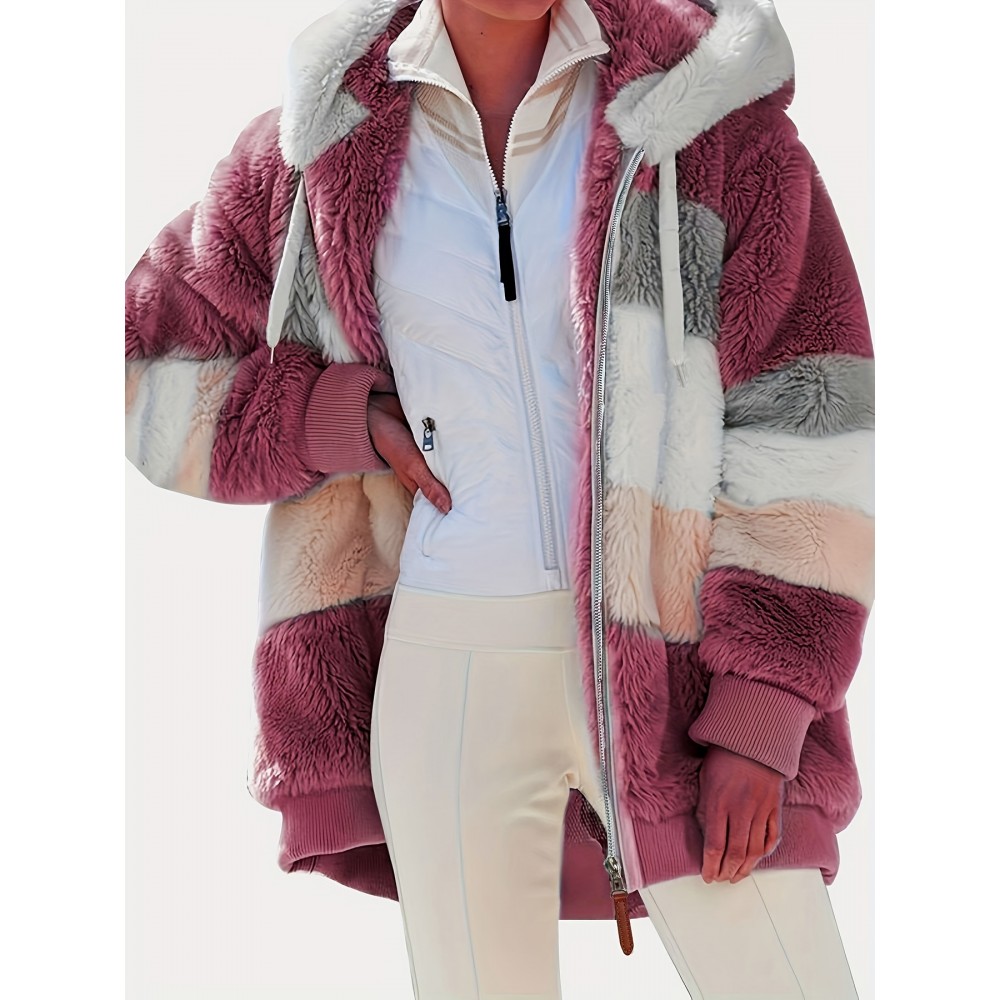 Women's Color-Block Fuzzy Hooded Winter Coat