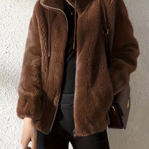 女士抽绳泰迪熊外套 - 聚酯纤维休闲外衣