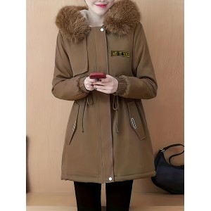 女士毛绒饰边连帽冬季大衣 - 聚酯纤维中长款
