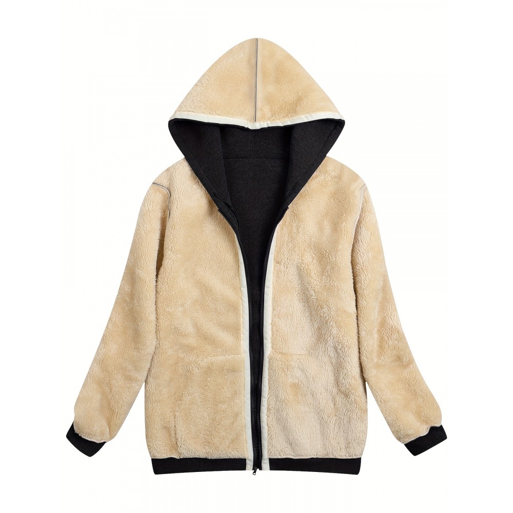 Women's Fuzzy Hooded Jacket - Polyester-Spandex