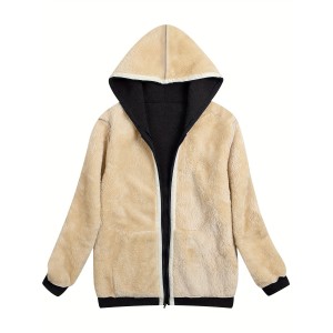 Women's Fuzzy Hooded Jacket - Polyester-Spandex