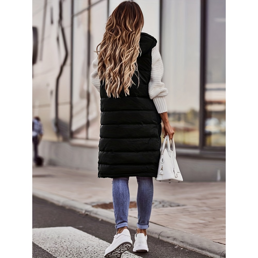 Women's Sleeveless Hooded Winter Coat - Knee-Length
