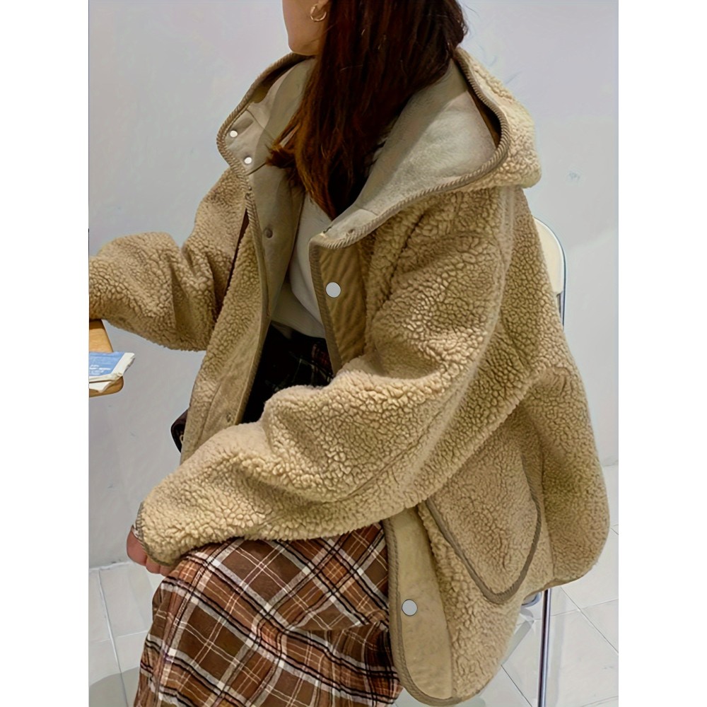女士泰迪熊毛绒连帽纽扣前襟大衣