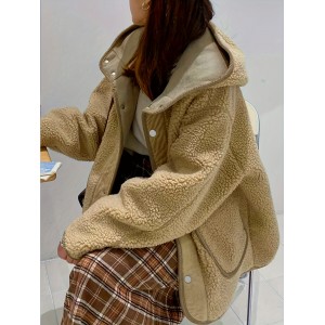 女士泰迪熊毛绒连帽纽扣前襟大衣