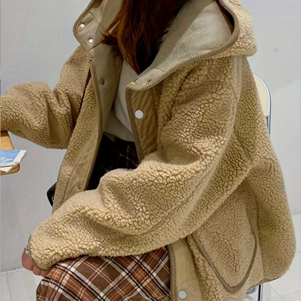 女士泰迪熊毛绒连帽纽扣前襟大衣