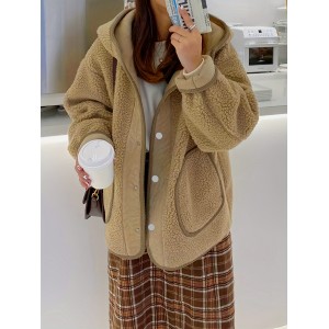 女士泰迪熊毛绒连帽纽扣前襟大衣