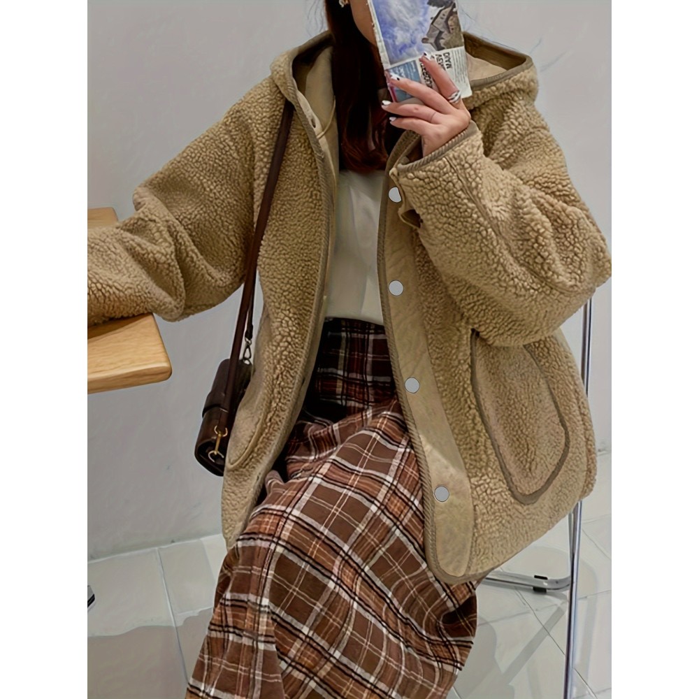 女士泰迪熊毛绒连帽纽扣前襟大衣
