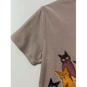 女士猫咪印花T恤——轻盈聚酯纤维圆领款