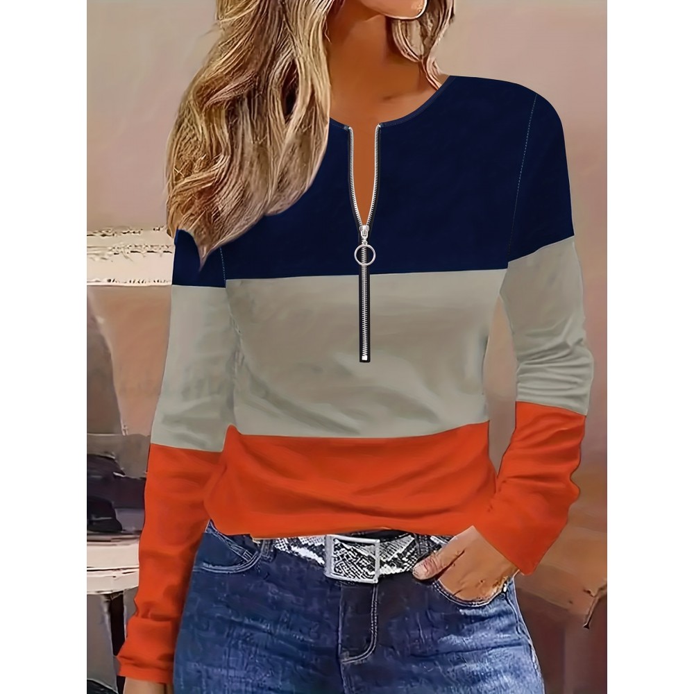 女士拼色条纹拉链前开T恤