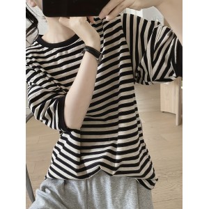 女士条纹涤纶T恤——春夏季复古风五分袖圆领上衣