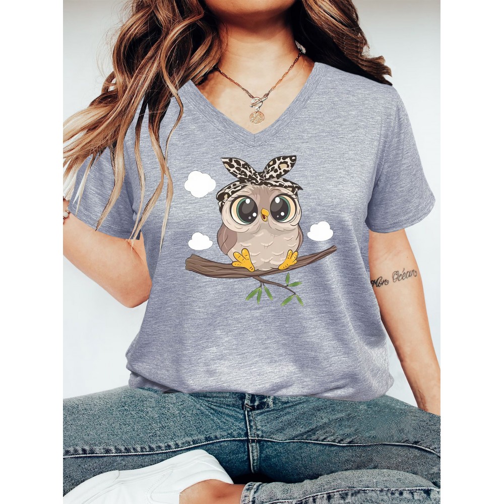 Women's Owl Print V-Neck T-Shirt - Polyester/Spandex