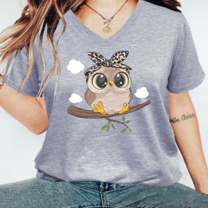 Women's Owl Print V-Neck T-Shirt - Polyester/Spandex
