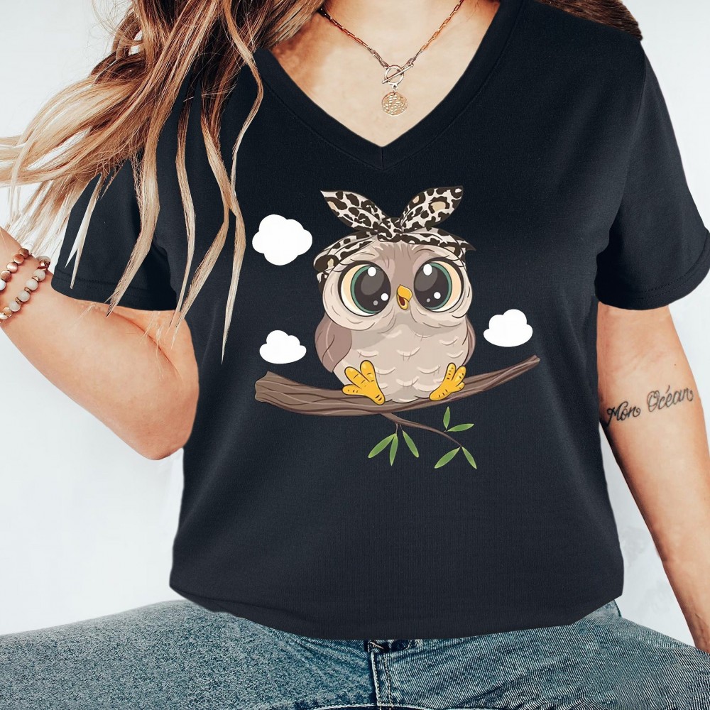 Women's Owl Print V-Neck T-Shirt - Polyester/Spandex