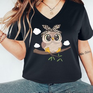 Women's Owl Print V-Neck T-Shirt - Polyester/Spandex