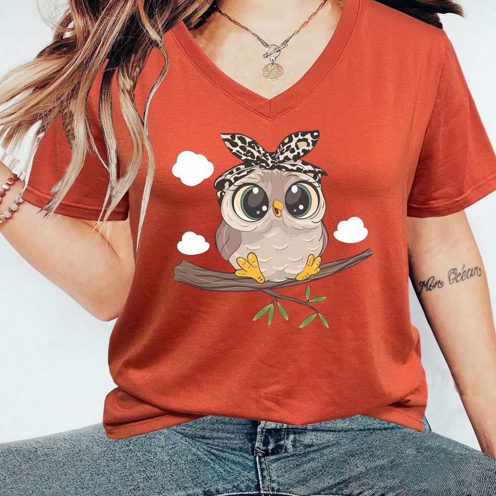 Women's Owl Print V-Neck T-Shirt - Polyester/Spandex