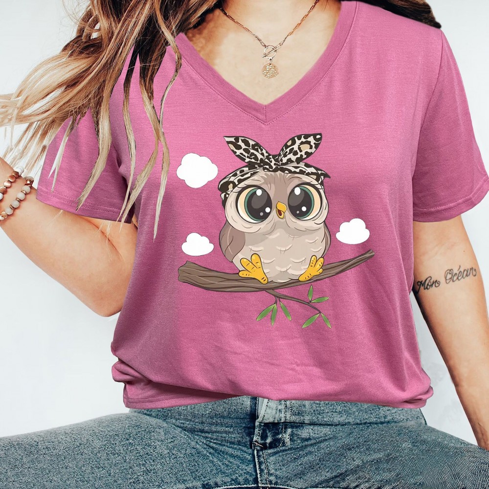 Women's Owl Print V-Neck T-Shirt - Polyester/Spandex