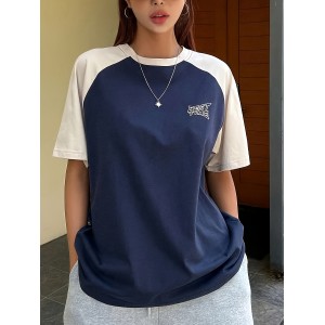 女士拼色字母印花T恤 - 聚酯纤维氨纶混纺
