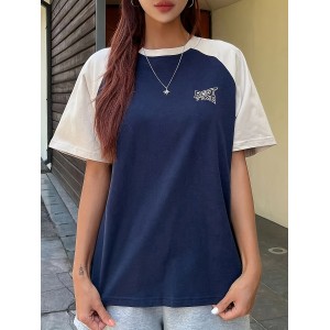女士拼色字母印花T恤 - 聚酯纤维氨纶混纺