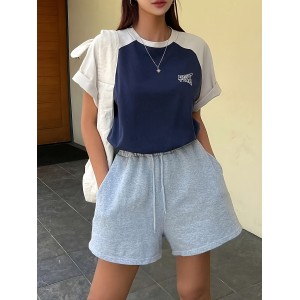 女士拼色字母印花T恤 - 聚酯纤维氨纶混纺