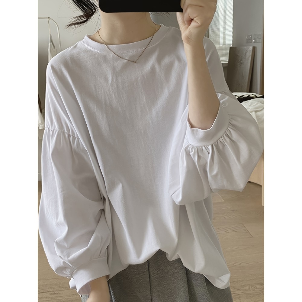 女士纯涤纶灯笼袖纯色T恤