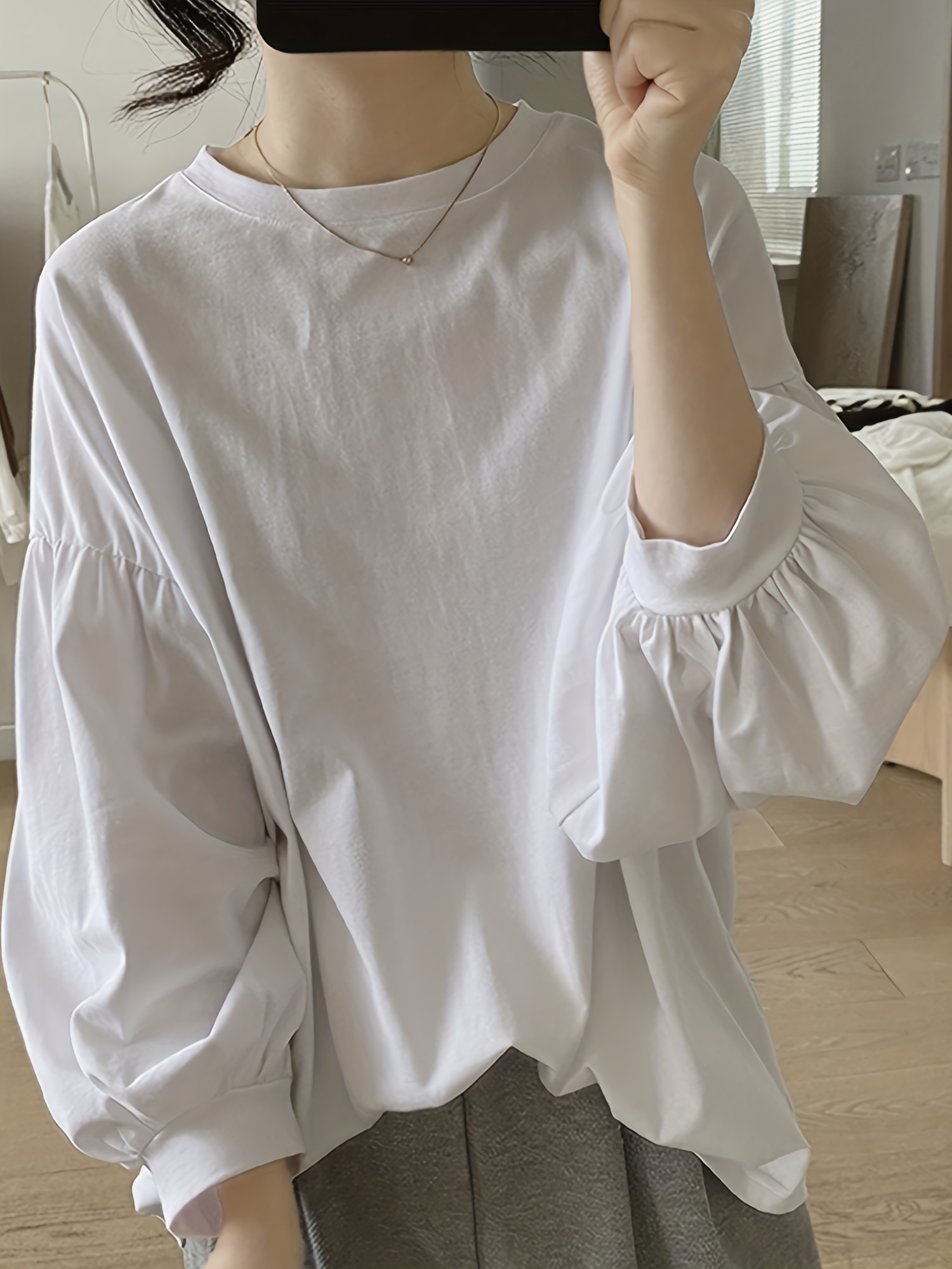 春季秋季女士休闲纯色圆领灯笼袖上衣细节图 0