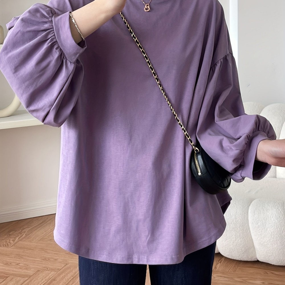 女士纯涤纶灯笼袖纯色T恤