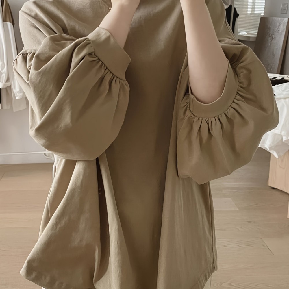 女士纯涤纶灯笼袖纯色T恤