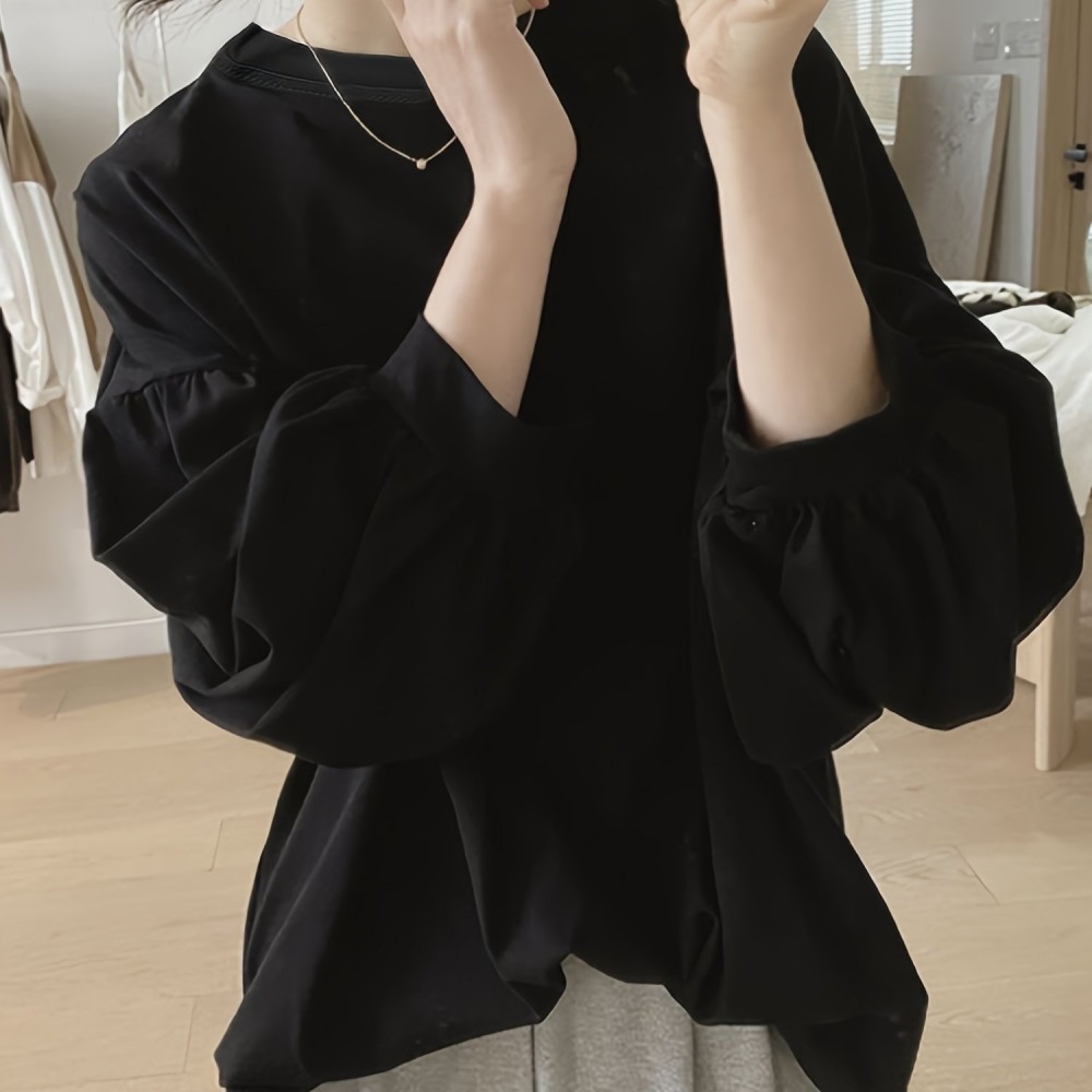 女士纯涤纶灯笼袖纯色T恤