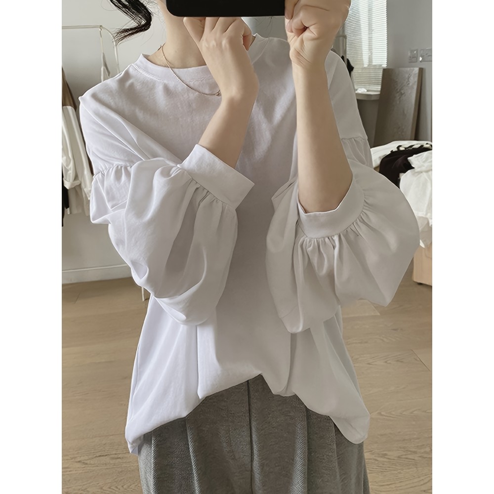 女士纯涤纶灯笼袖纯色T恤