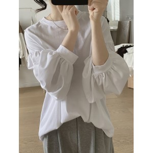 女士纯涤纶灯笼袖纯色T恤