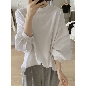 女士纯涤纶灯笼袖纯色T恤