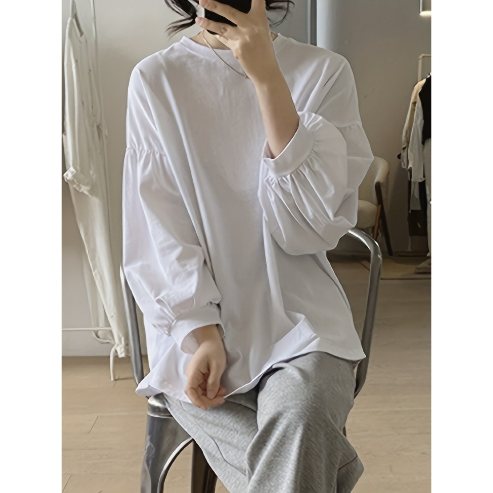 女士纯涤纶灯笼袖纯色T恤