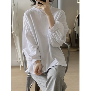 女士纯涤纶灯笼袖纯色T恤