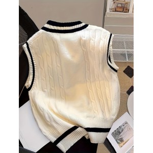 女士V领针织背心——徽章纹理、无袖