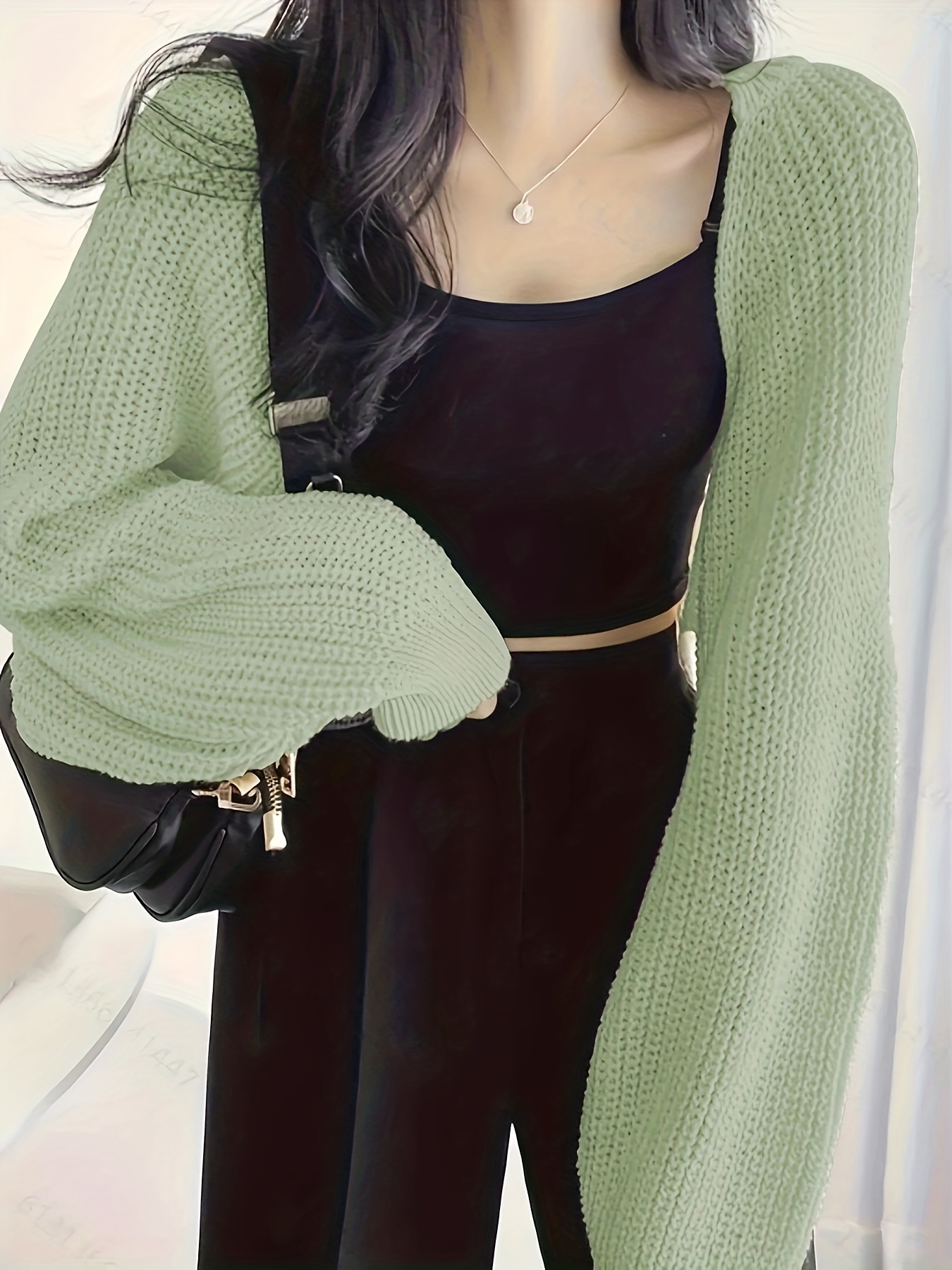 短款纯色针织毛衣，前开襟长袖女士服装细节图 7