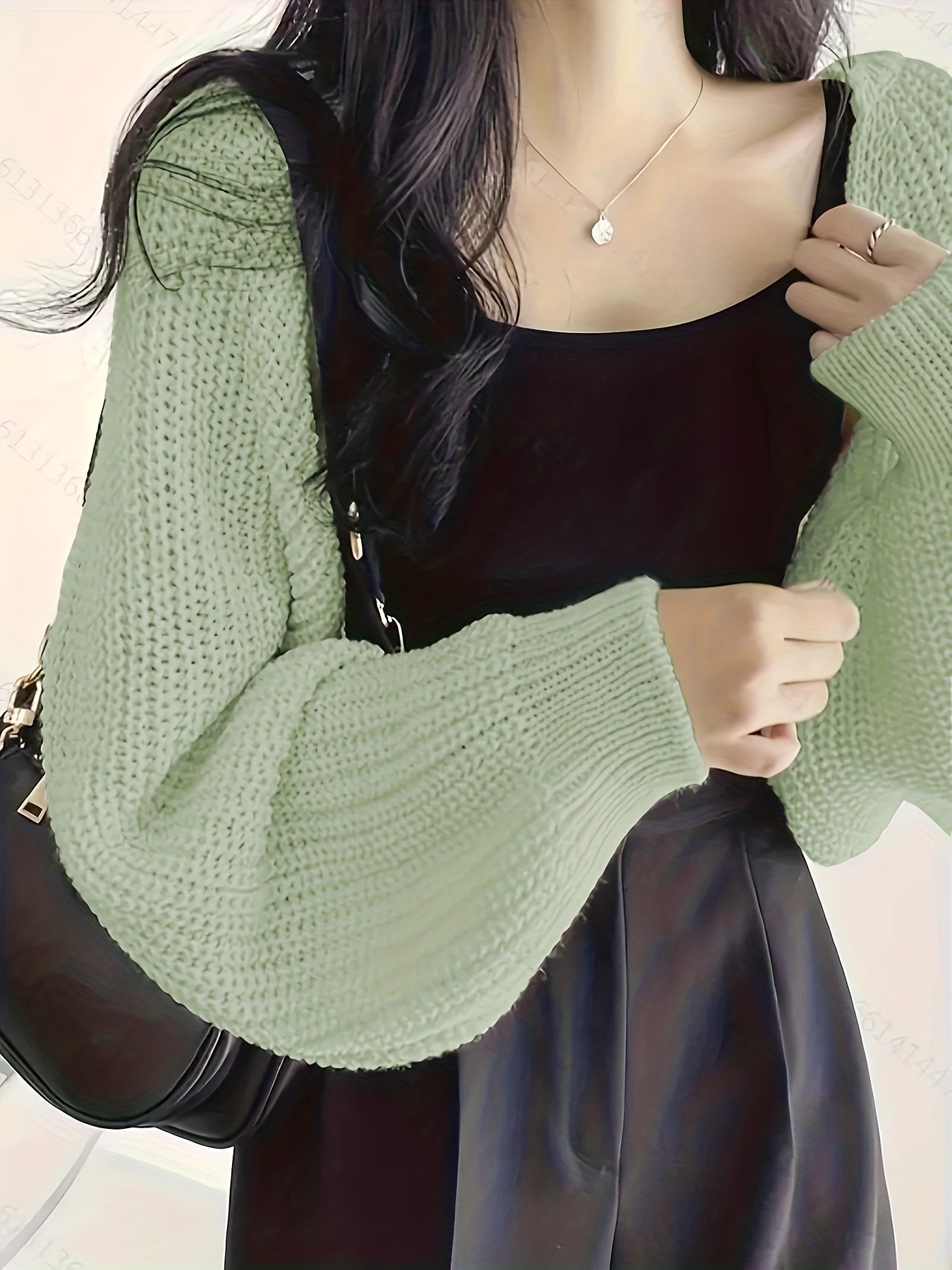 短款纯色针织毛衣，前开襟长袖女士服装细节图 9