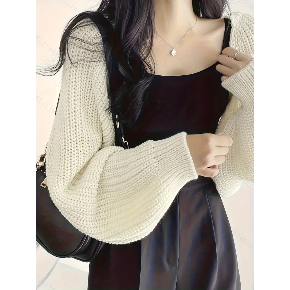 女士短款罗纹针织腈纶毛衣 - 长袖