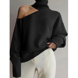 女士高领纯色针织毛衣——聚酯纤维材质，秋冬季款